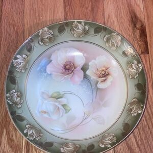 Floral Green & Cream Decorative Plate Vintage collectible painted serving bowl